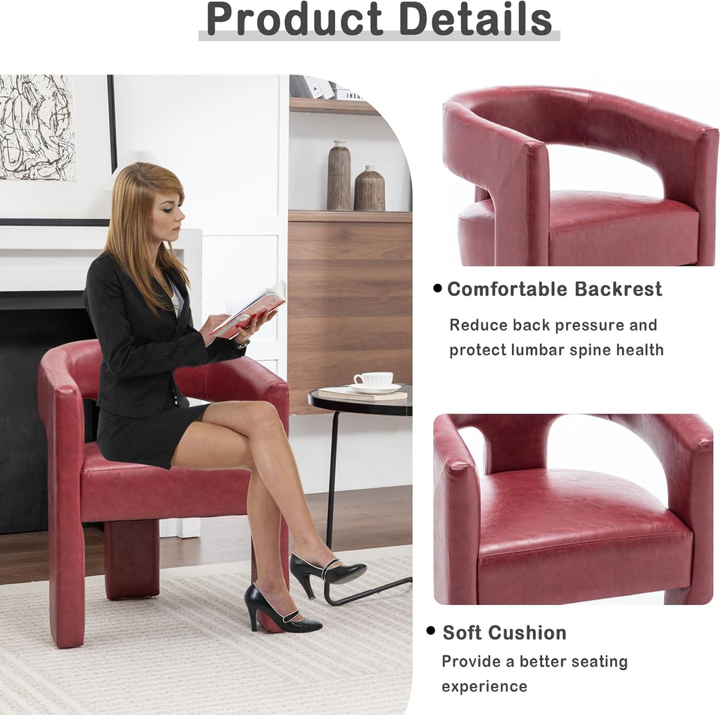 Modern Barrel Dining Chair, Comfy Faux Leather Upholstered Chairs with Open-Back, Assembled Vanity Chair, PU Leather Accent Chair Side Armchair for Dining Room, Kitchen, Living Room（Red）