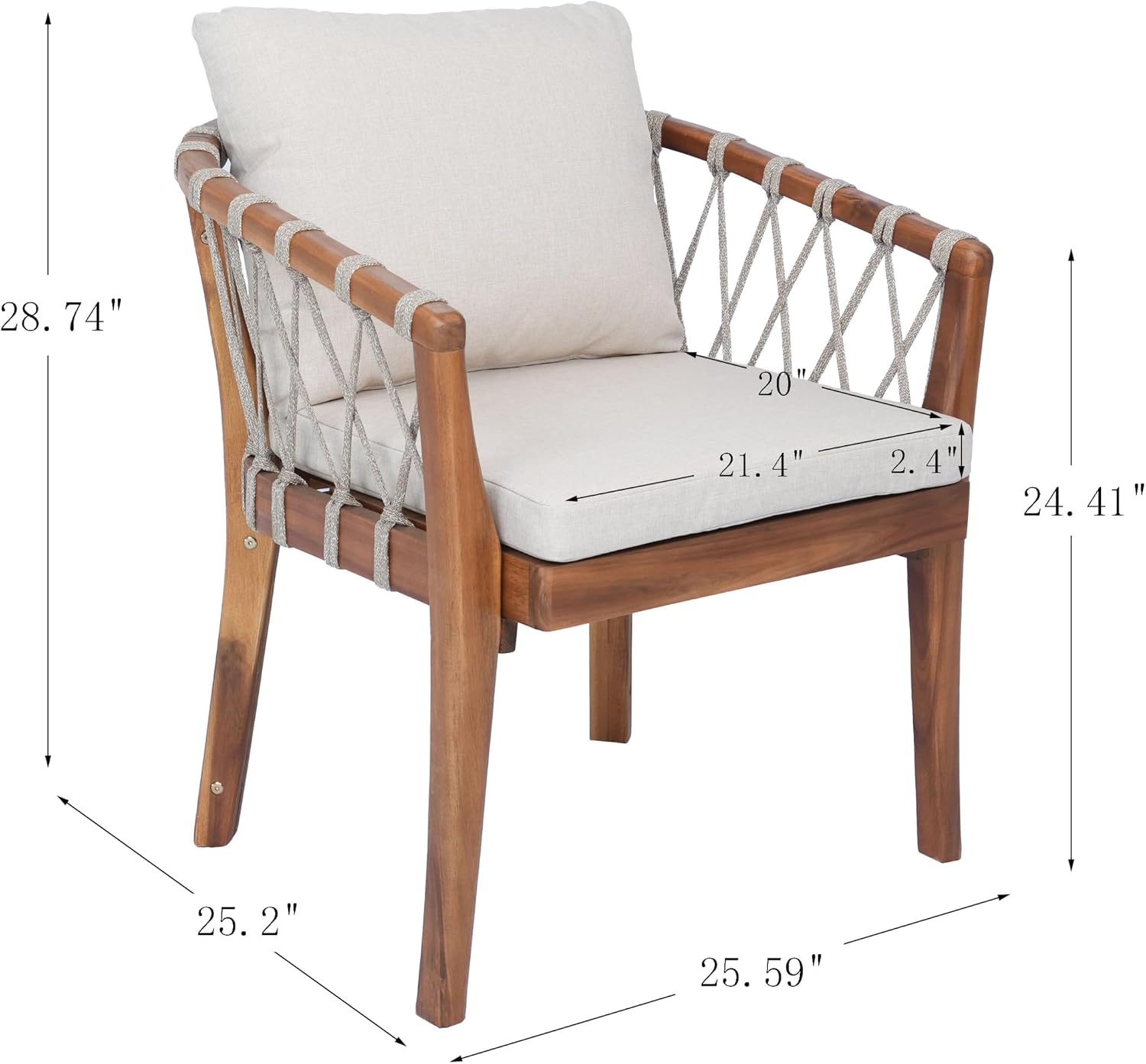 Elountik Patio Dining Chairs Set of 2, Acacia Wood Frame with Teak Finish, Multi Brown Rope Weave, Water Repellent Beige Cushion for Backyard Garden Balcony