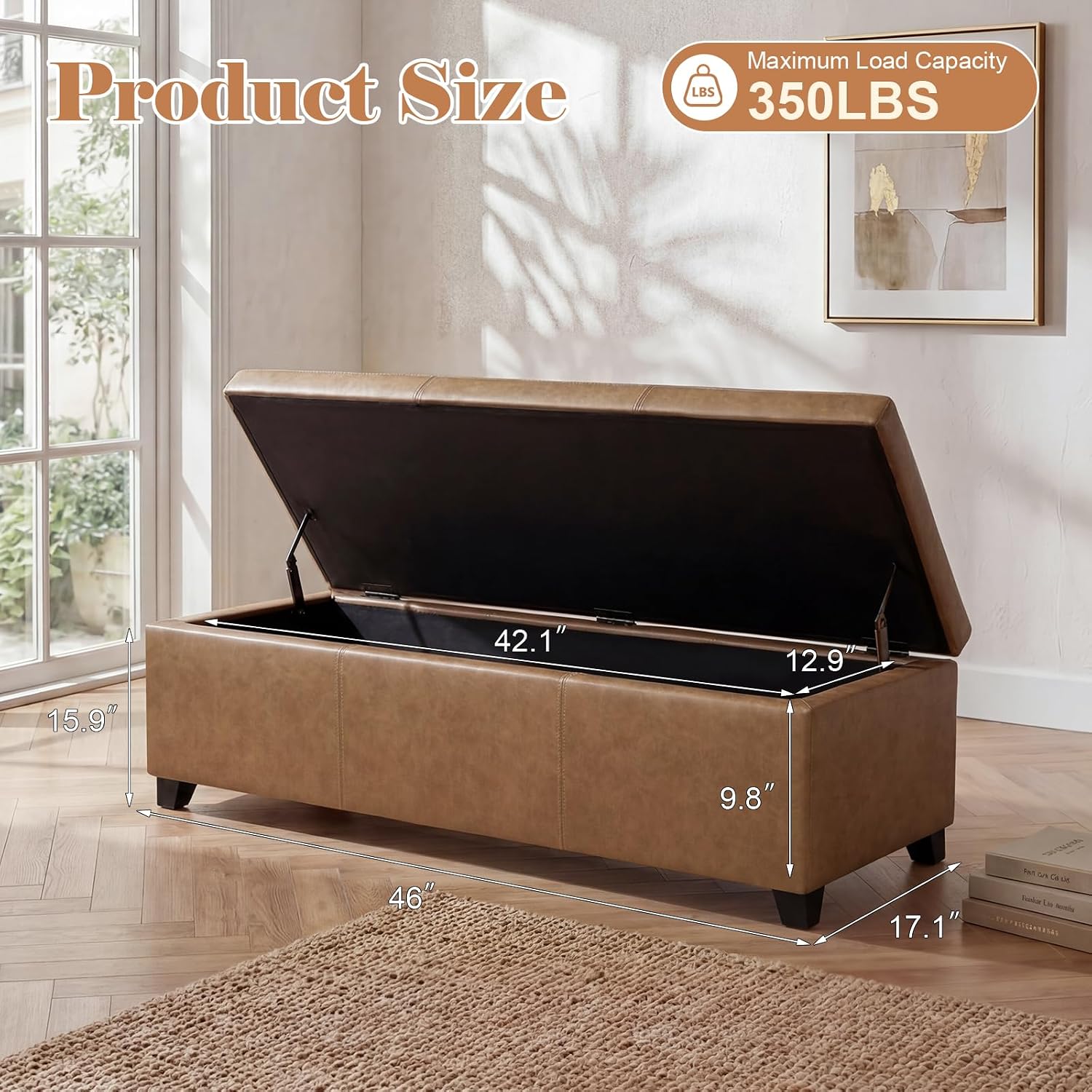 Homebeez 46" Faux Leather Storage Ottoman,End of Bed Bench,Upholstered Ottoman Bench with Storage for Living Room,Bedroom,Entryway