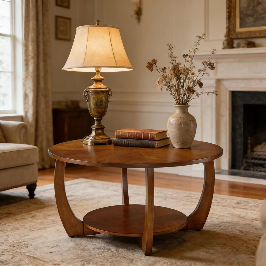 29.5" Round Coffee Table, 2-Tier Circle Coffee Table with Storage Removable Lower Shelf, Solid Wood Accent Center Table for Living Room, Curved Cross Legs & Walnut Finished, Easy Assembly, Dark Brown