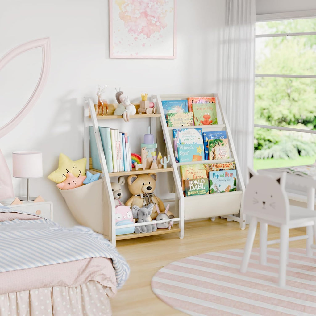LATIBELL 3 Tier Kids Bookshelf and Toy Storage, Kids Bookcase Book Sling Shelf, Montessori Baby Toddler Bookshelf, Toy Storage Organizer, for Playroom, Bedroom, Nursery (Burlywood)