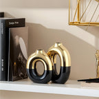 Black and Gold Ceramic Vase Set Home Decor,Round Donut Vase for Pampas Grass for Shelf Decor Home,Nordic Modern Oval for Bookshelf,FireplaceMantle,Centerpieces,Farmhouse,Rustic Décor