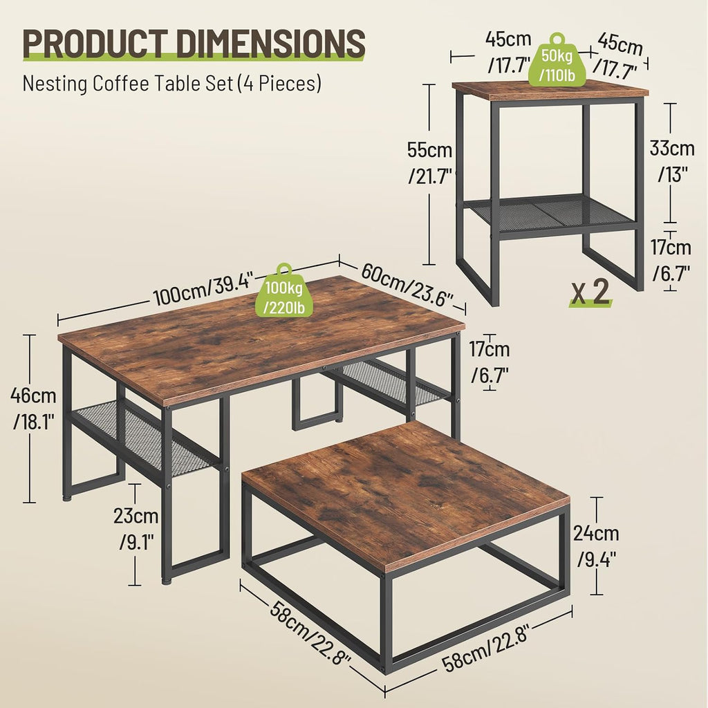 Coffee Table Set of 4, Nesting Coffee Table and 2 Side Tables | Industrial Square Coffee Table with Storage, Metal Frame, for Small Spaces, Apartment, Living Room, Rustic Brown and Black