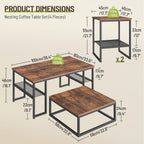 Coffee Table Set of 4, Nesting Coffee Table and 2 Side Tables | Industrial Square Coffee Table with Storage, Metal Frame, for Small Spaces, Apartment, Living Room, Rustic Brown and Black