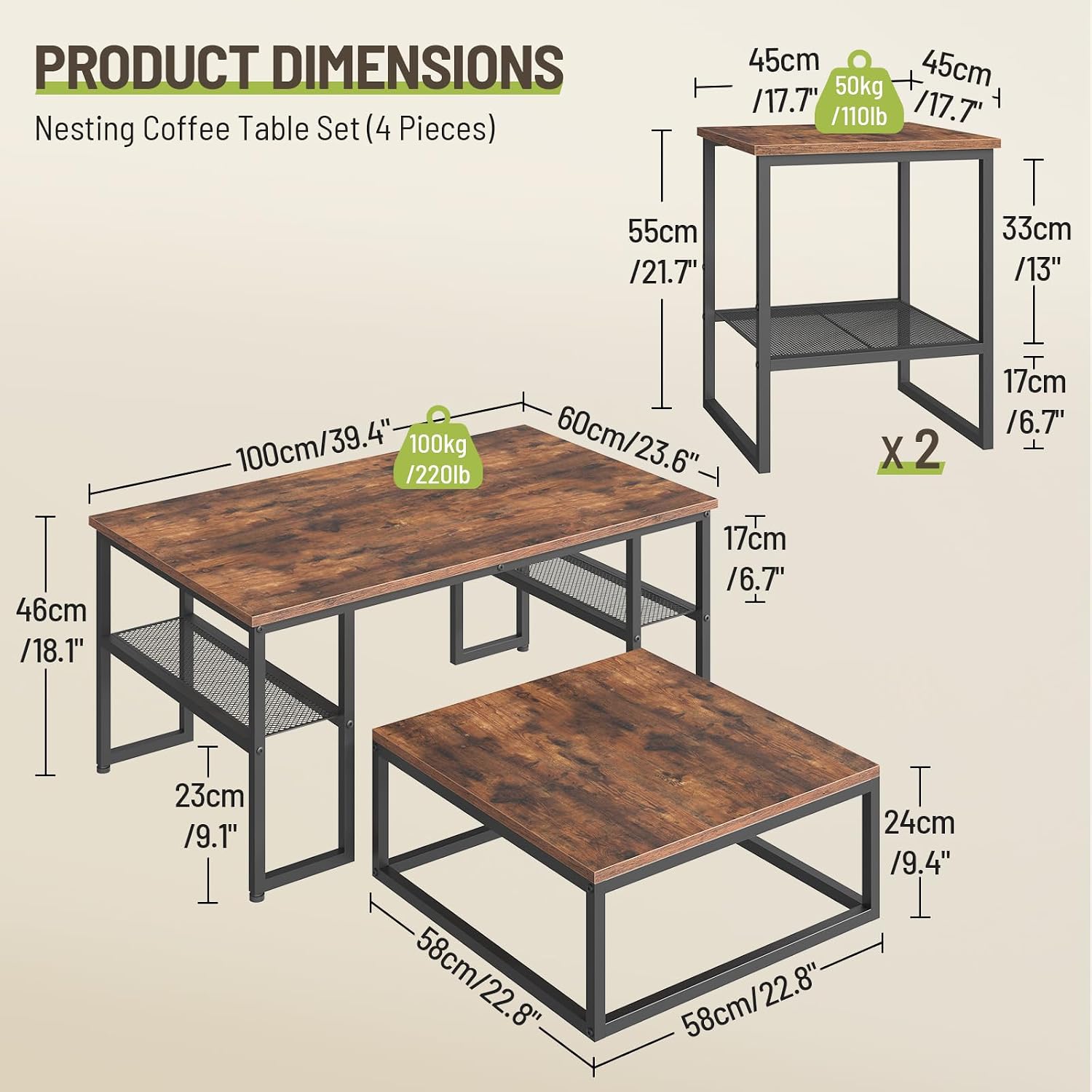 Coffee Table Set of 4, Nesting Coffee Table and 2 Side Tables | Industrial Square Coffee Table with Storage, Metal Frame, for Small Spaces, Apartment, Living Room, Rustic Brown and Black