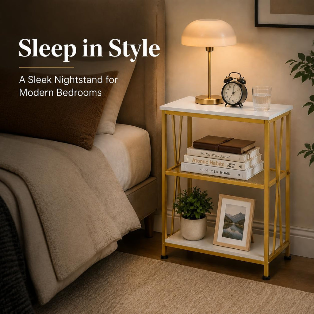 Narrow Side Table, End Table with 3 Tier Storage Shelves, Industrial Rustic Accent Skiny End Tables for Small Spaces, Slim Couch Beside Table, Small Hallway Table for Living Room (White+Gold)