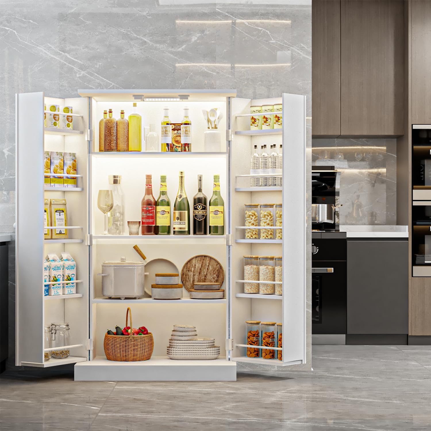 FJTJBSI 50" LED Kitchen Pantry Cabinet with 3 Adjustable Shelves and 2 Doors Wood Pantry Storage Cabinet with Handle for Kitchen Living Room and Dinning Room White