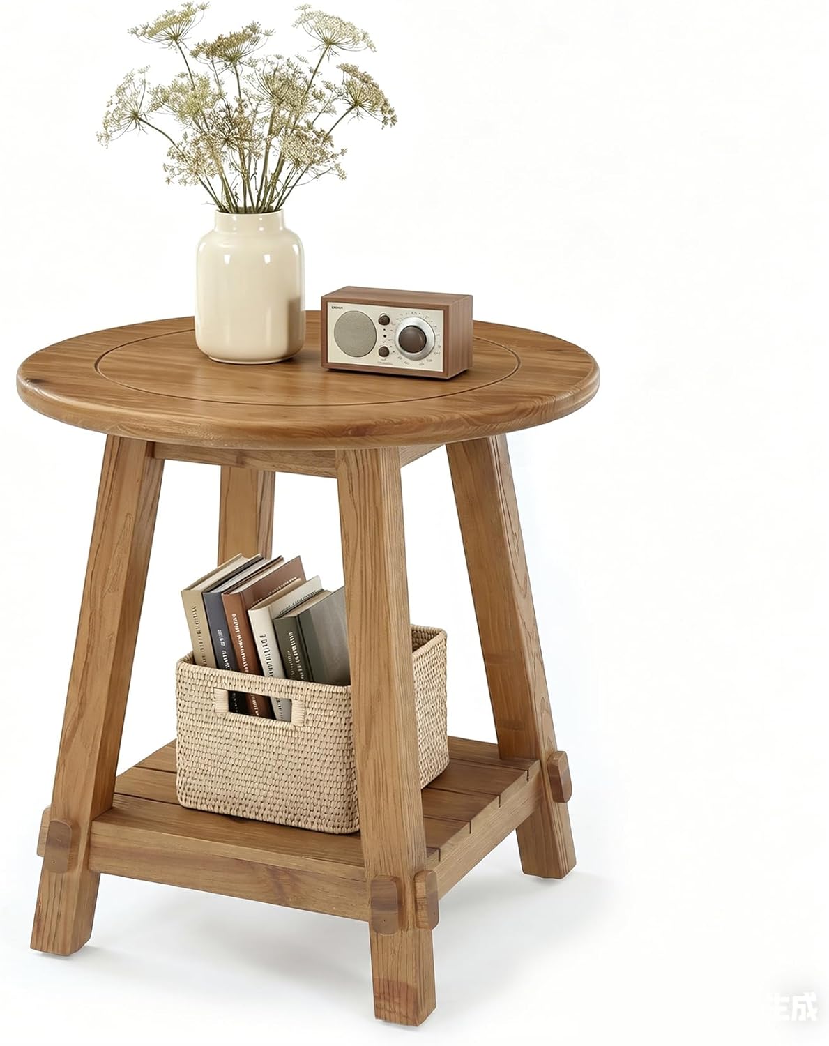 LITTLE TREE End Table for Living Room, 2-Tier Sofa Couch Table with Storage, Farmhouse Small Solid Wood End Table, Sofa Side Table for Living Room, Bedroom and Balcony (23.62" W x 25.98" H)