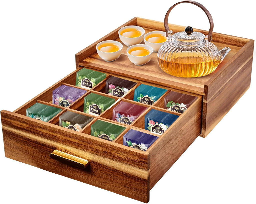 NANXITU Acacia Wood Tea Holder Organizer, Tea Box Organizer Storage Box | Tea Caddy for Tea Bags Organizer Drawer, with12 Compartments Multi-Functional Tea Station Chest for Countertop