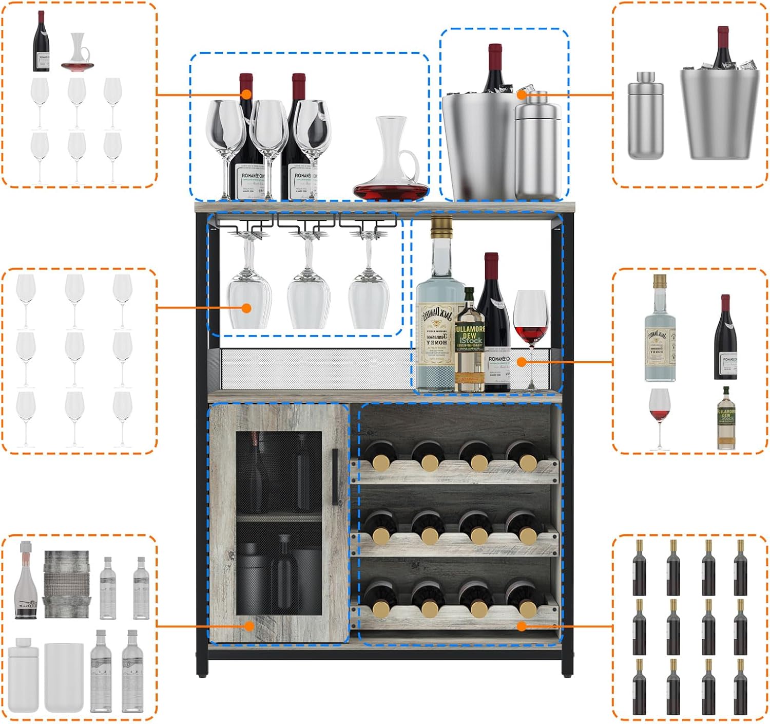 IDEALHOUSE Wine Cabinet with Large Storage Space and Detachable Rack, Small Sideboard and Buffet Cabinet with Mesh Door, Grey