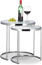 Relaxdays Nesting Round, Chrome Frame, Set of 2, Modern Design-Frosted Glass, Side End Tables, Metal, Silver, 50x50x51 cm