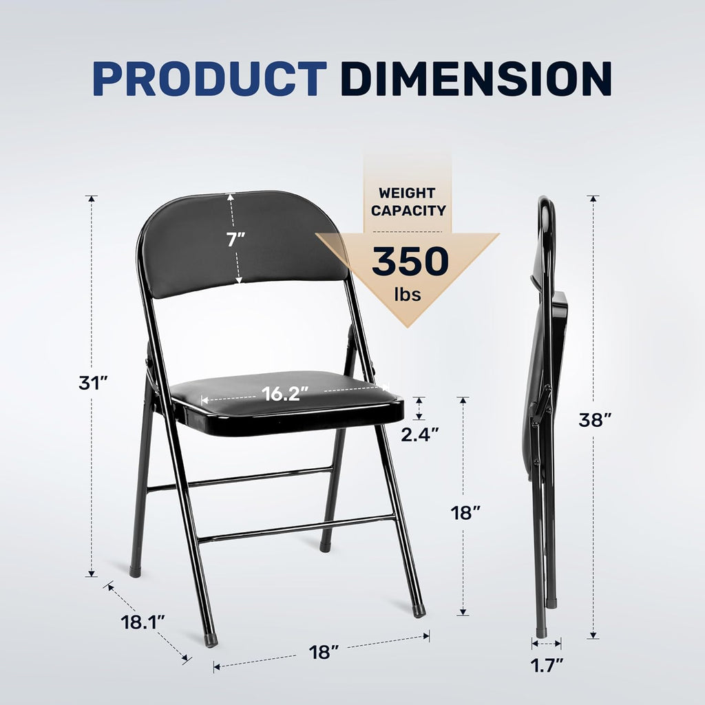 Simple Deluxe 2 Pack Foldable Padded Folding Chairs, Leather Cushion Seat & Sturdy Metal Frame, Portable Commercial Event Chair for Indoor Outdoor Home Office Parties, Black