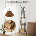 young master Freestanding Coat Rack with Light, 12 Hooks & 3 Wood Shelves, Black