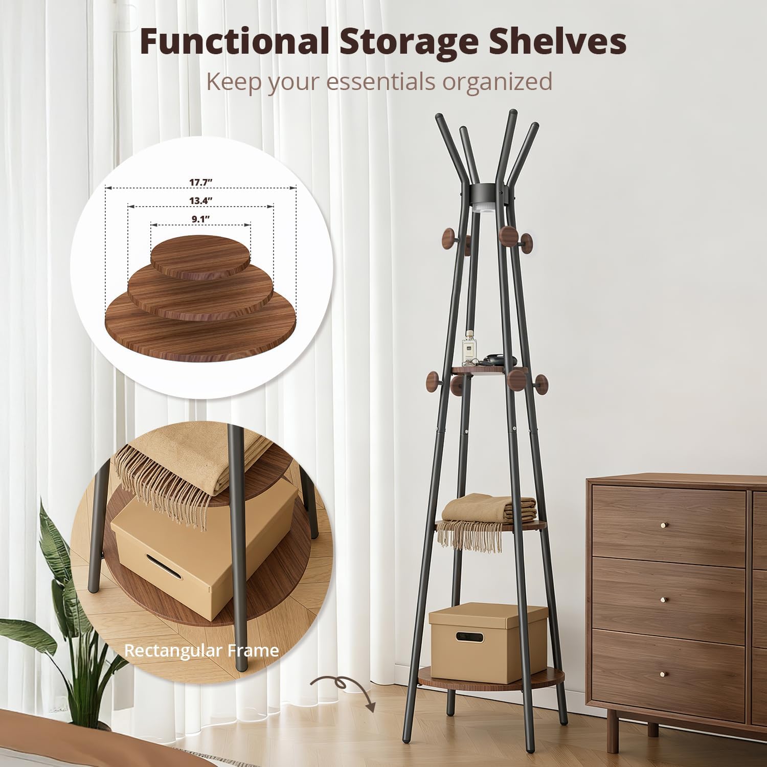 young master Freestanding Coat Rack with Light, 12 Hooks & 3 Wood Shelves, Black