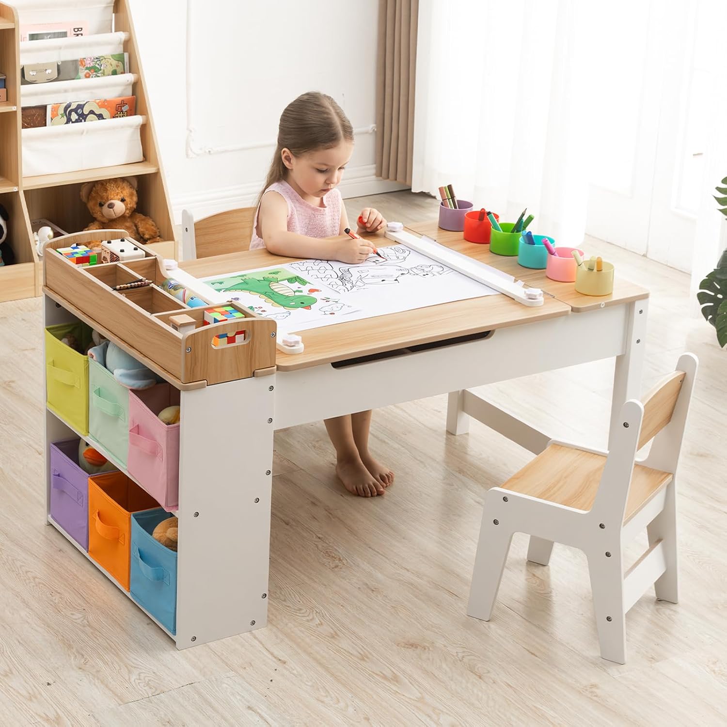 Kids Art Table and Chair Set with 2 Chair & Bins, 44" L x 24" W, Natural | Large Storage Kids Activity Desk, Toddler Craft Table and Chairs Set with Paper Roll for Playrooms & Classroom