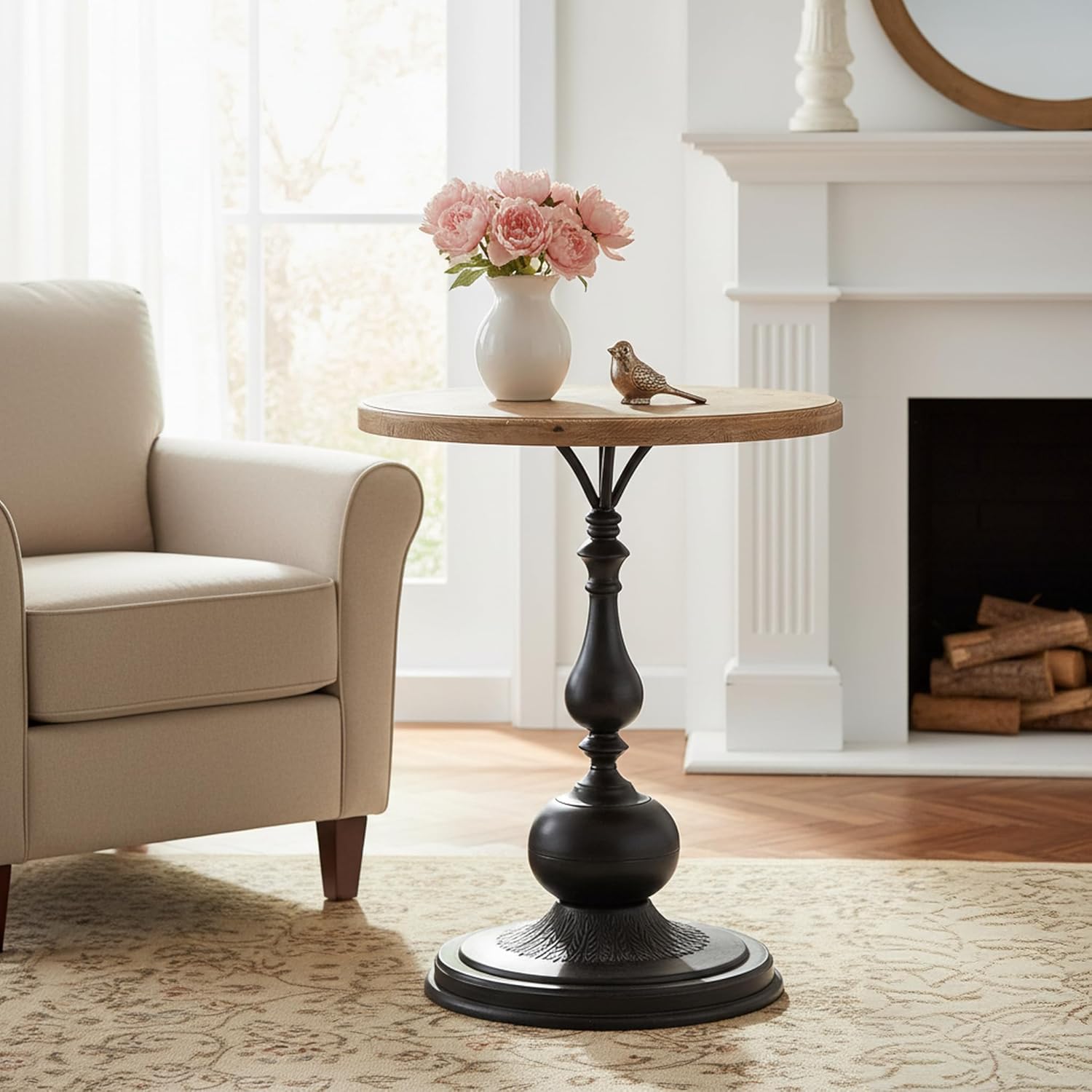 Round End Table Living Room, Vintage Side Table, Farmhouse Pedestal Table for Bedroom, Retro Wood Accent Tables for Home Decor, Patio Black