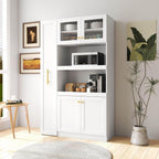 White Kitchen Pantry Cabinet with Pull-Out Multi-Tier Storage Shelf, Glass Doors, Multi-Purpose Modern Storage Cabinet for Kitchen, Dining Room, or Living Room, 70.87” H