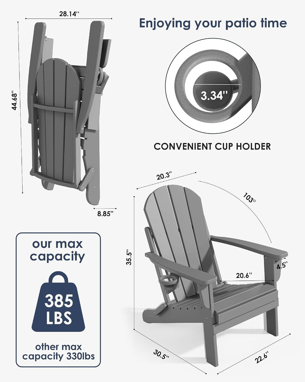 Folding Adirondack Chairs Set of 2, All-Weather Resistant HDPE Patio Firepit Chairs, Sturdy Outside Chairs with Cup Holder, Lawn Chairs, 80% Pre-Installed Load Capacity 385lb, Slate Grey