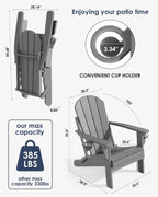 Folding Adirondack Chairs Set of 2, All-Weather Resistant HDPE Patio Firepit Chairs, Sturdy Outside Chairs with Cup Holder, Lawn Chairs, 80% Pre-Installed Load Capacity 385lb, Slate Grey
