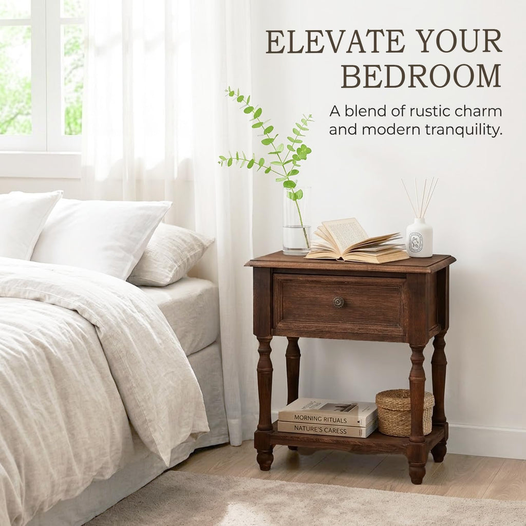 YUNMUARY-Solid Wood Nightstand,Entryway Table with Storage,Side Tables with Drawers,17.7" W x 21.7" H Small End Table Living Room,Farmhouse End Table for Bedroom,Fully Assembly.