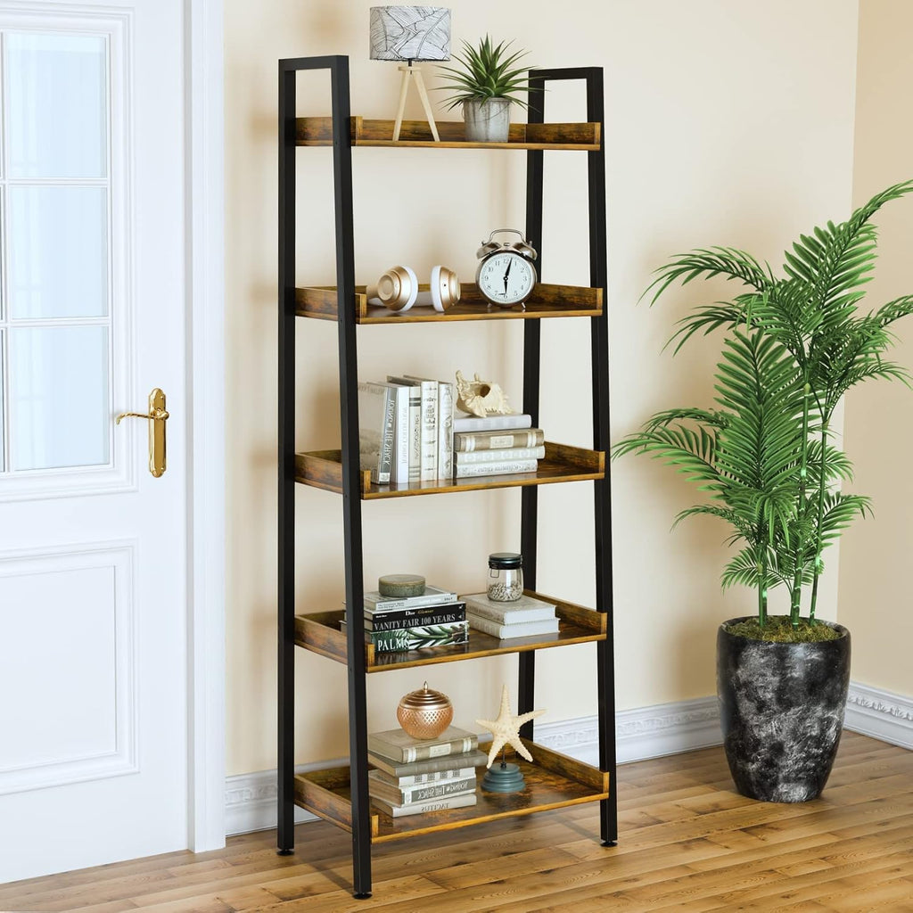 ASTARTH 5-Tier Ladder Shelf, 67" Tall Open Wooden Bookshelf with Metal Frame for Living Room, Rustic Brown