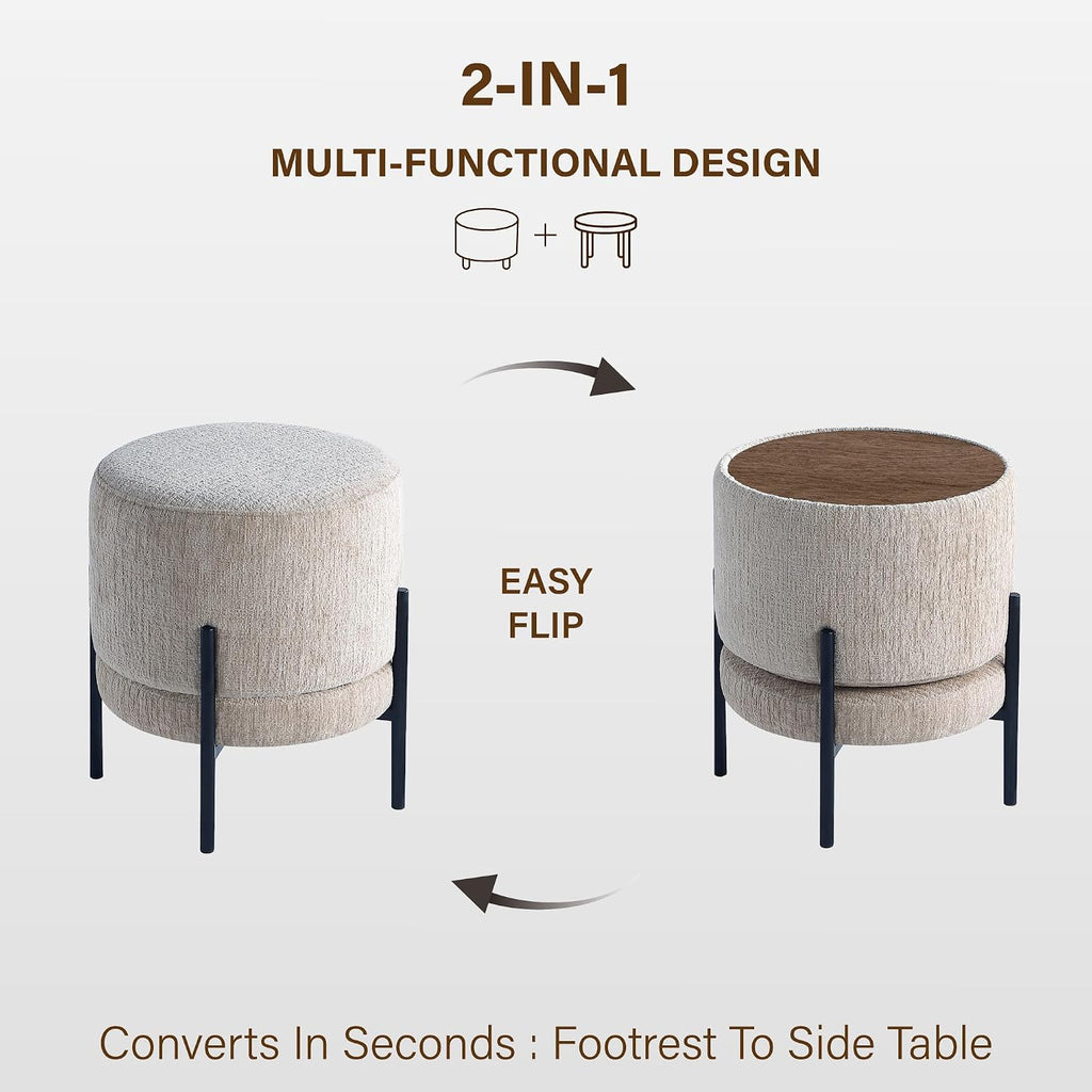 Get Set Style Multifunctional Ottoman with Side Table, Soft Round Footrest Stool,Vanity Stool with Metal Legs, Modern Decorative Furniture Vanity Chair for Makeup Room, Bedroom, Living Room