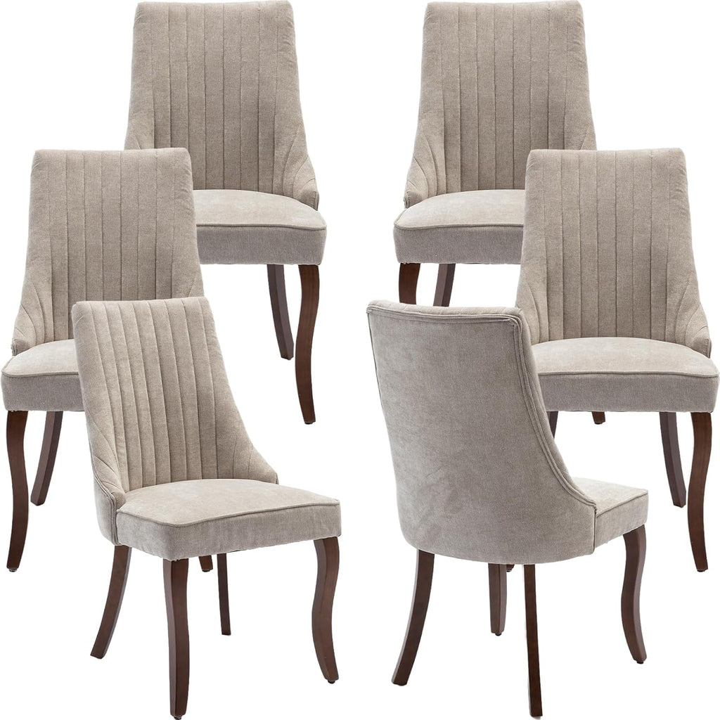 Fabric Dining Chairs Set of 6, High Back Upholstered Kitchen & Dining Room Chairs with Solid Wood Legs, Mid Century Modern, Sillas de Comedor (Beige, 6 Pcs)