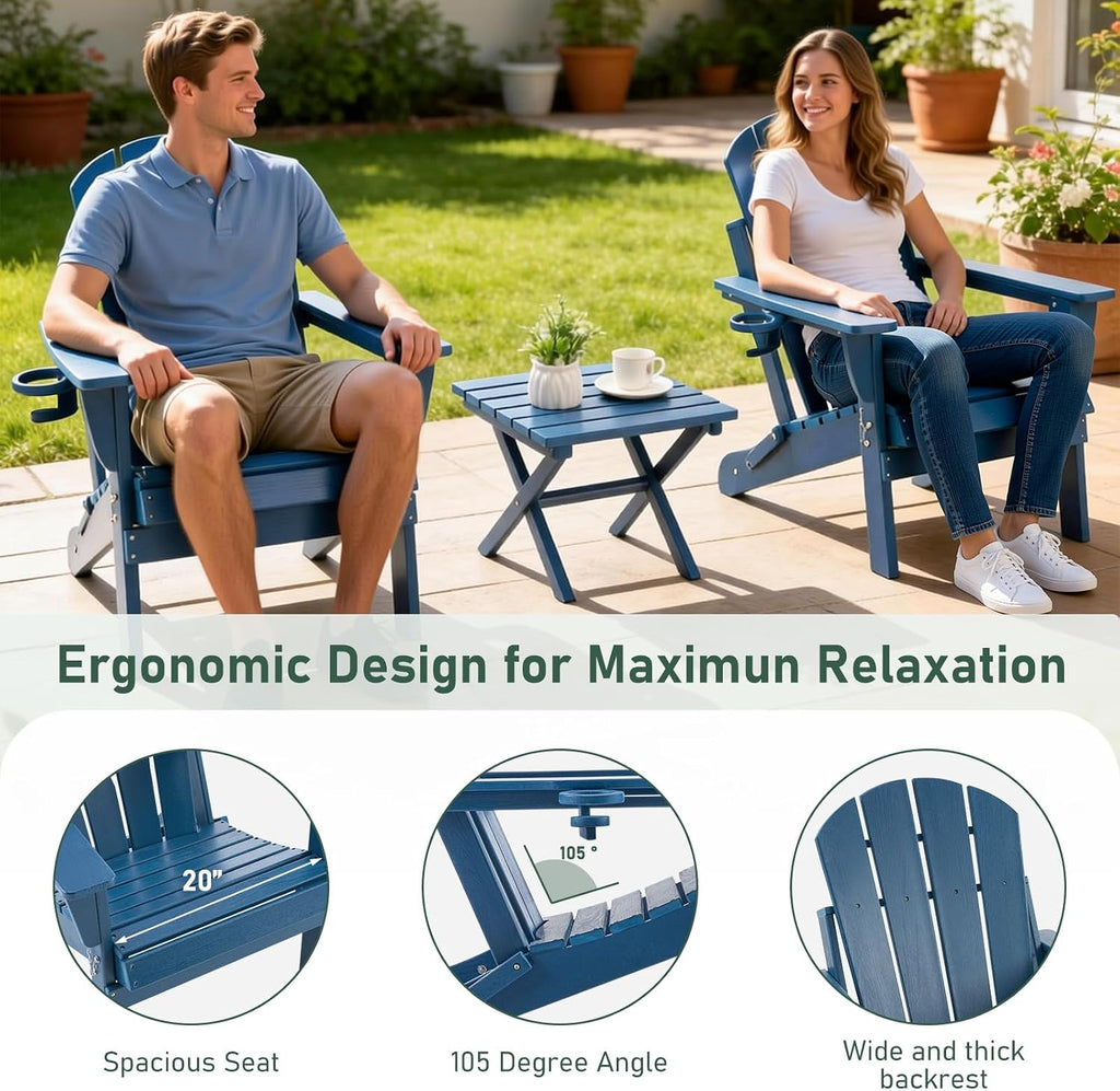Furnimart Folding Adirondack Chairs Set of 2, Outdoor HDPE Patio Chairs - Wood Look with Cup Holders, Plastic Chairs Weather-Resistant for Outside Garden Balcony Lawn, Blue 2pcs