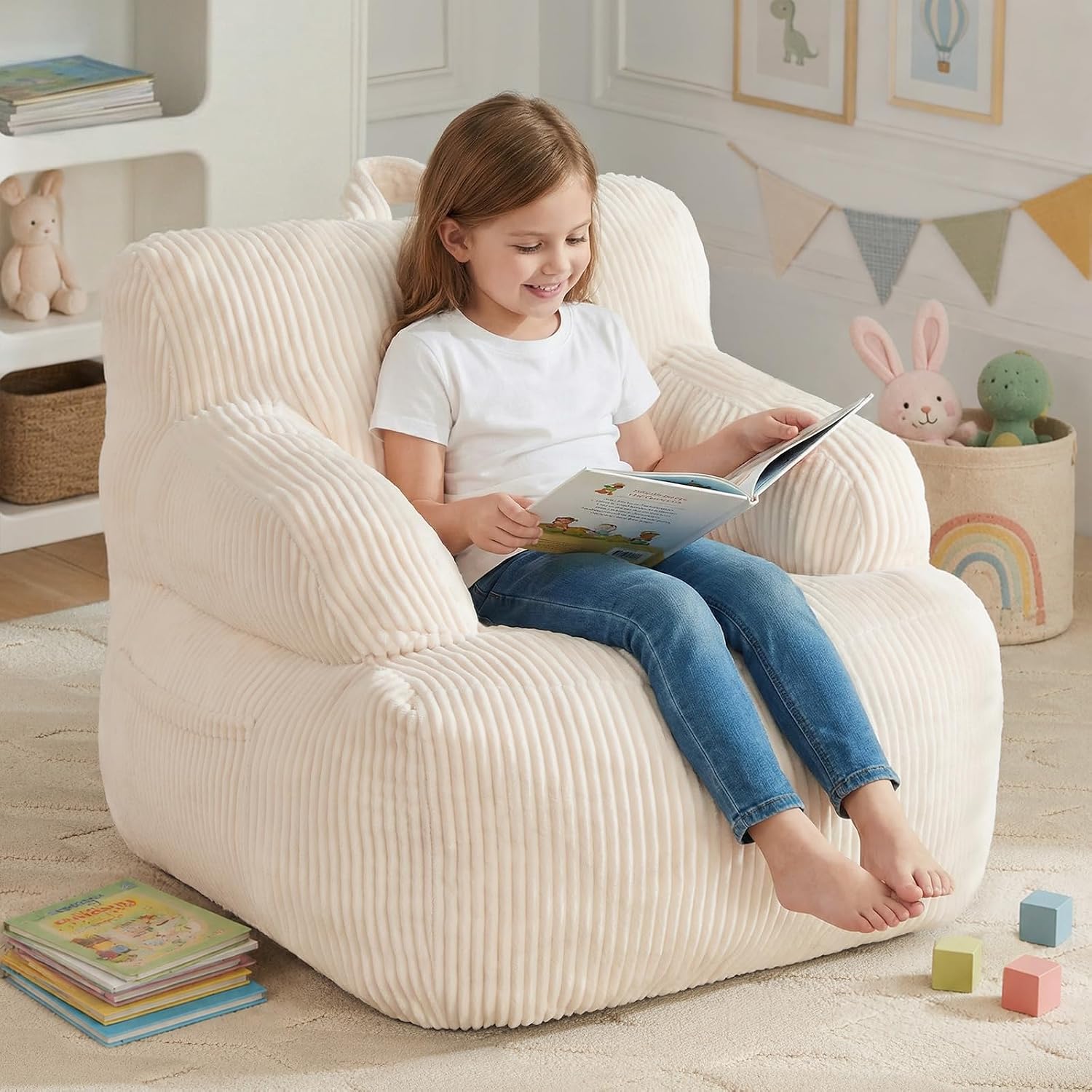 Bean Bag Chairs for Kids with Armrests, Comfy Kids Bean Bag Chair, Soft-Filled Cozy Bean Bag Sofa for Boys and Girls, Small Bean Bags for with Pocket, Floor Chair for Gaming, Reading & Relaxing, Beige