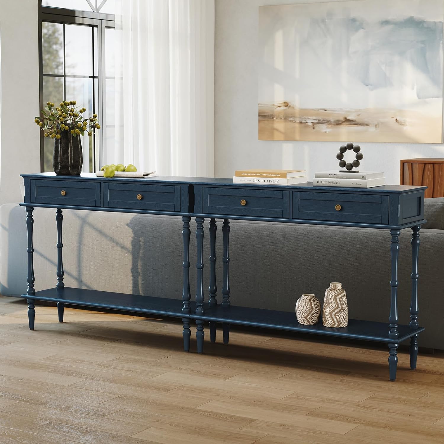 ARTPOWER Console Table for Entryway with 2 Drawers-Minimal Assembly,Blue Retro Entryway Table with Storage Cabinets and Open Shelf,Narrow Long Couch Table Behind Sofa for Living Room,Foyer,Hallway
