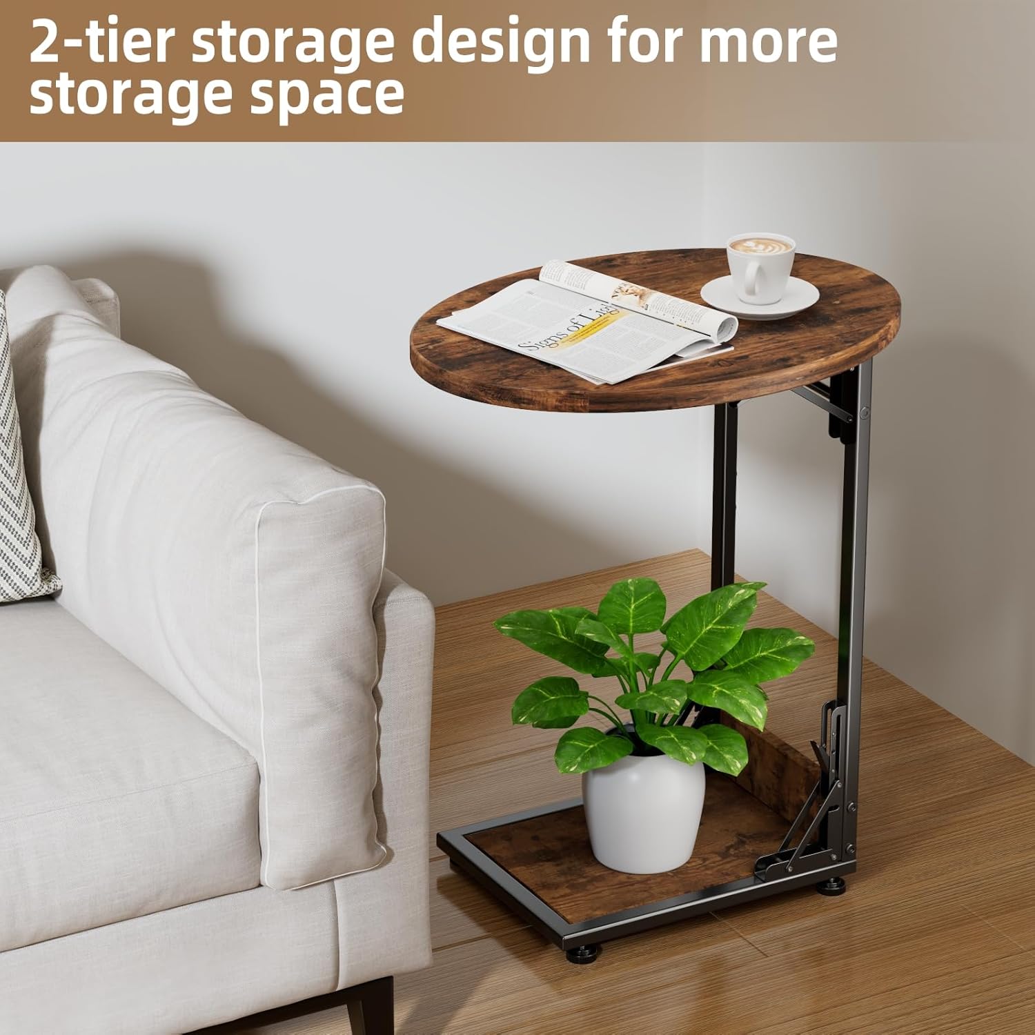 Elbourn Folding Side Table End Couch Tables,Metal Frame C-Shaped TV Stand for Sofa Living Bedroom Bedside Coffee Small Spaces(Vintage Wood Color)