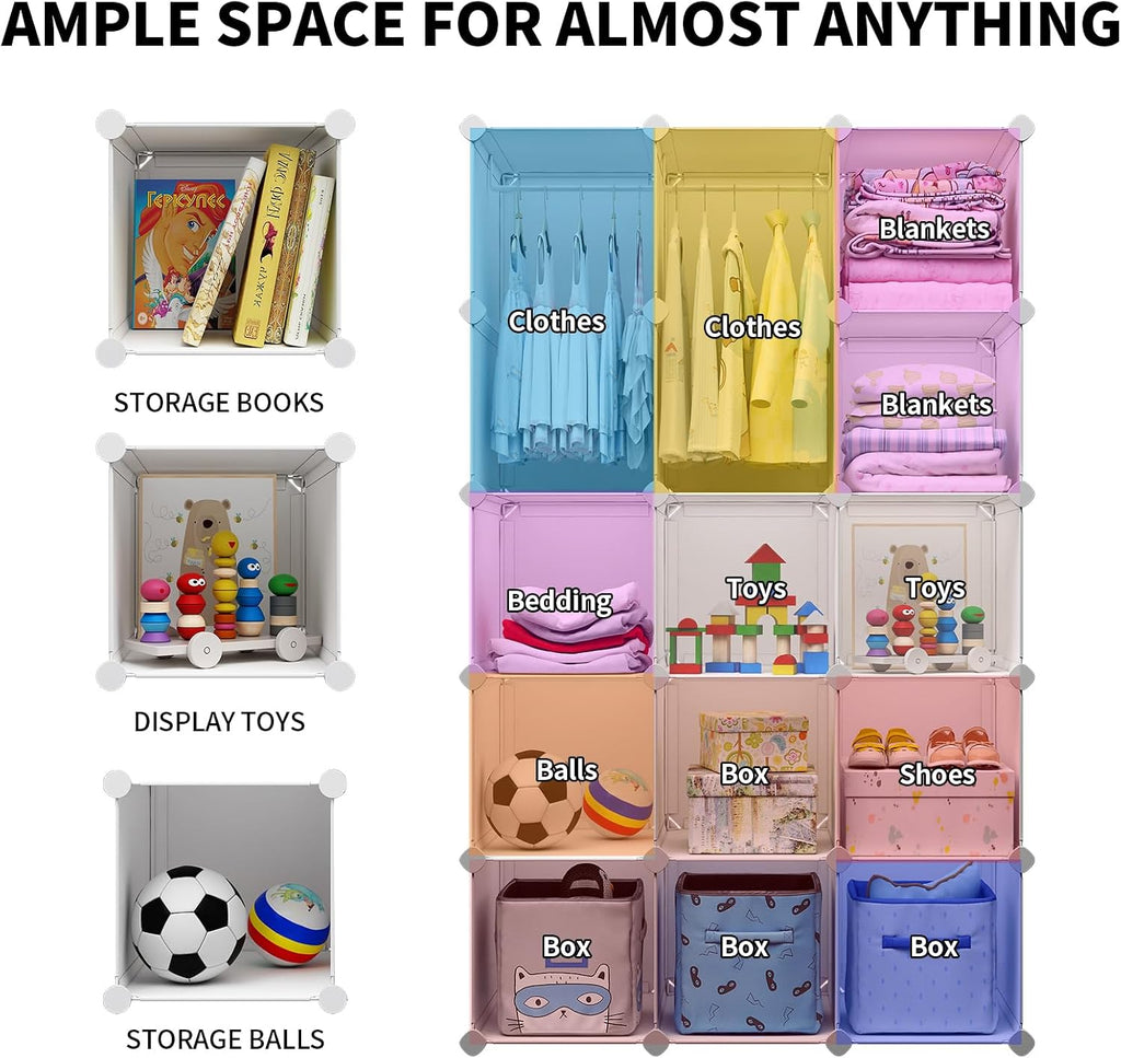Modular Baby Wardrobe Closet, Portable Children Organizers and Storage for Nursery,15 Cubes with Hanging Rods,Multi-Functional Kids Storage Shelf-Bedroom Clothes Armoire (Boys & Girls)