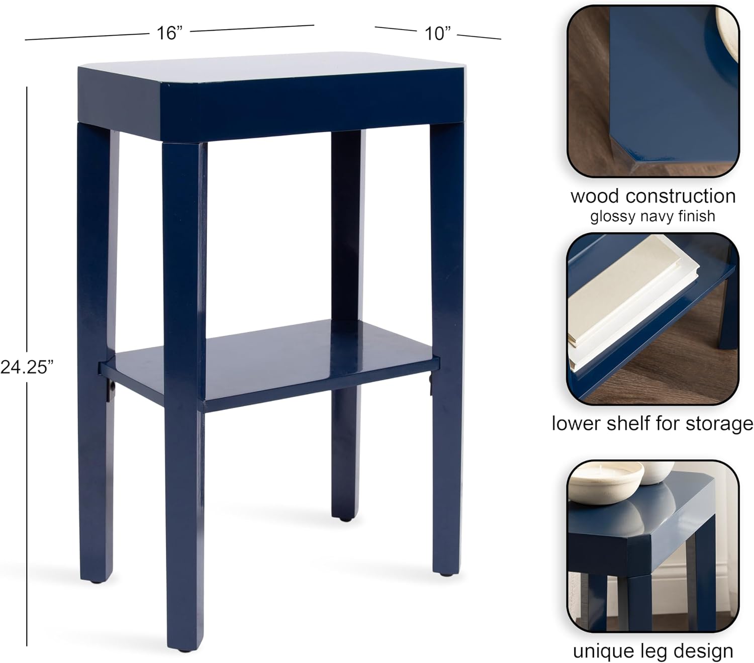 Kate and Laurel Talcott Modern Rectangle Wooden Side Table, 16 x 10 x 25, Navy Blue, Transitional Decorative Two-Tier End Table for Use as a Bedroom Nightstand or Living Room Accent
