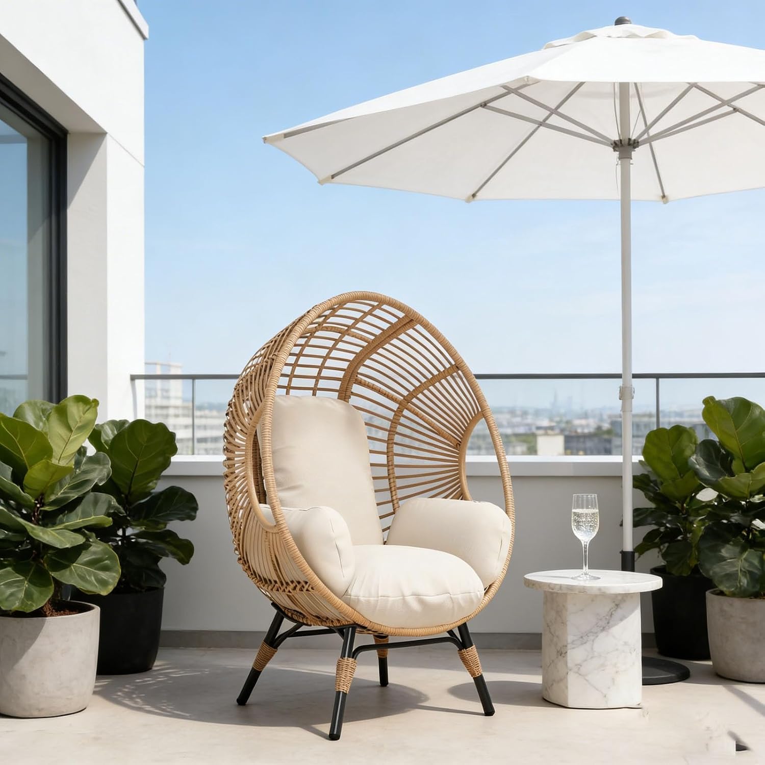 Outdoor Egg Chair Wicker, 400lbs Capacity, 8-Inch Cushion, Weather-Resistant PE Rattan Balcony Chairs(Natural)