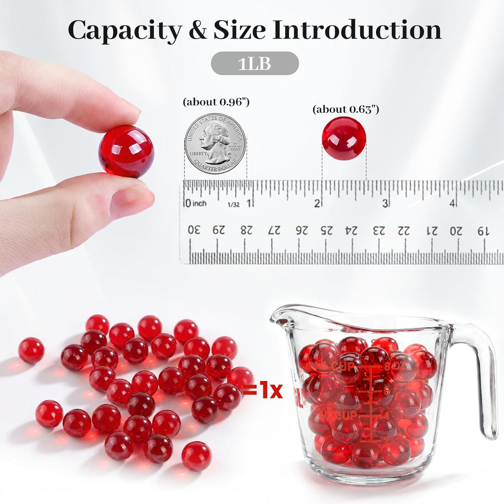 DomeStar 1LB Glass Marbles Bulk, Marbles for Vases 0.63 Inch Vase Fillers Red Glass Beads for Home Décor
