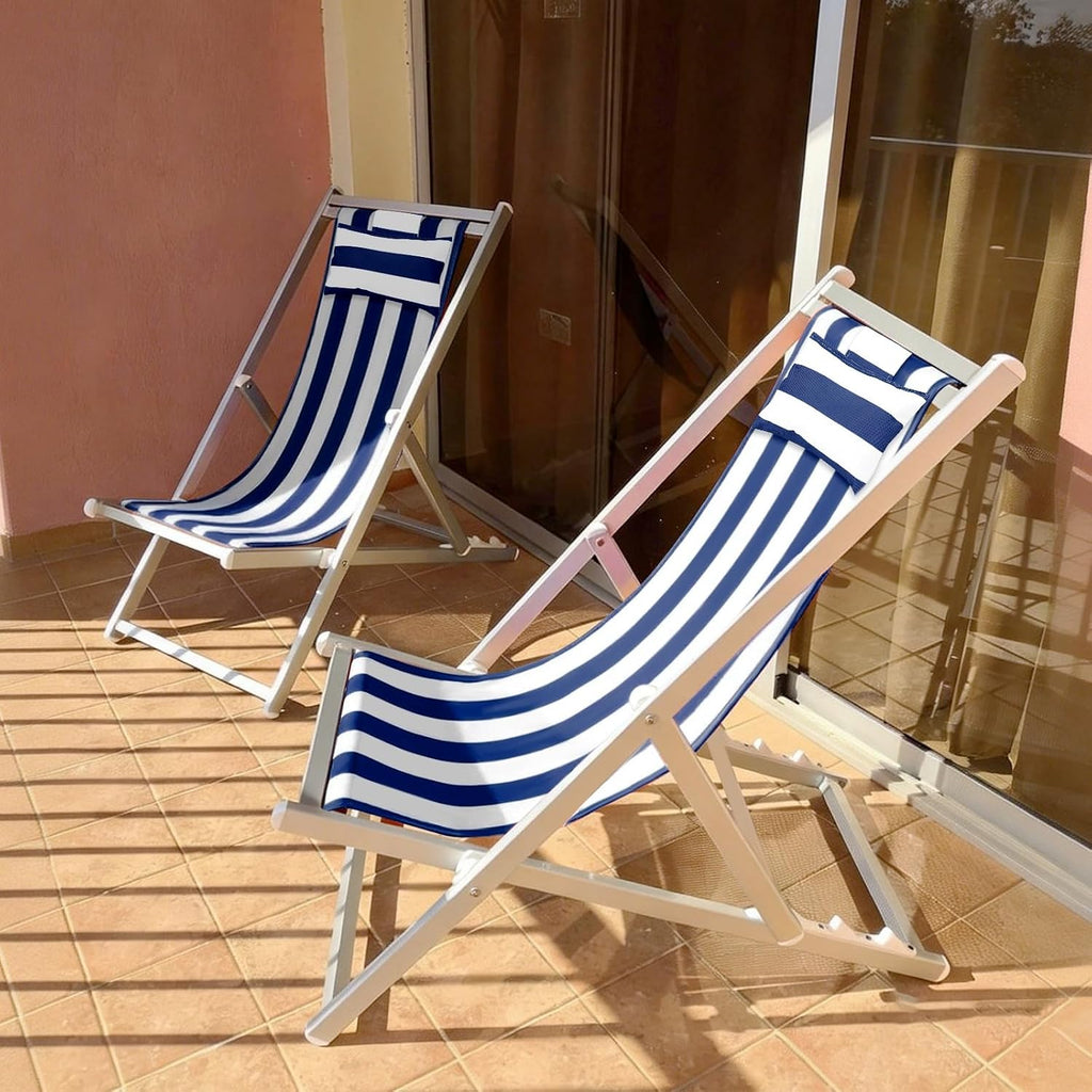 Beach Sling Chair Replacement Canvas, 16x44.5 Inch Folding Lounge Chair Fabric with Pillow for Beach/Sunbathing/Courtyard/Garden [Striped Dark Blue, Only Replacement]