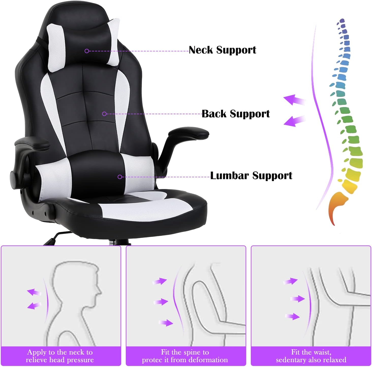 Ergonomic Gaming Chair, Gaming Chair with Headrest, Office Computer Chair Racing Chair with Wheels & Lumbar Support, High Back Gamer Chair PC Gaming Chairs for Adults Teens, Xmas Gift (White)