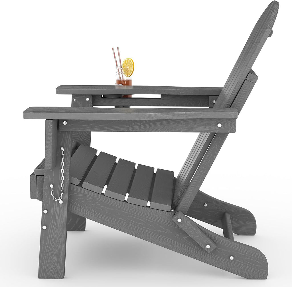 Garvee Folding Adirondack Chair, HDPE Outdoor Patio Chair with Cup Holder, All Weather Resistent Wooden Textured for patios, Decks, Gardens, fire Pit, Grey