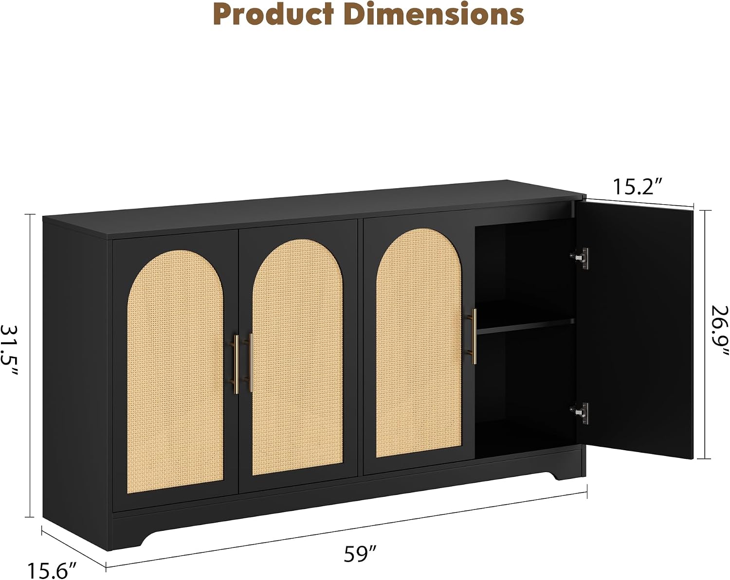 IDEALHOUSE 59" W Sideboard Buffet Cabinet- with 4 Rattan Doors, Large Storage Console Table & Modern Accent Coffee Bar Cabinet for Living Room, Kitchen, Hallway, Dining Room, Entryway, Black