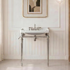 28 Inch Console Bathroom Vanity with Ceramic Sink, Open-Frame Stainless Steel Legs with Towel Bar, 3 Faucet Holes, Wall-Mounted Support, No Faucet (Silver Frame | White Sink)