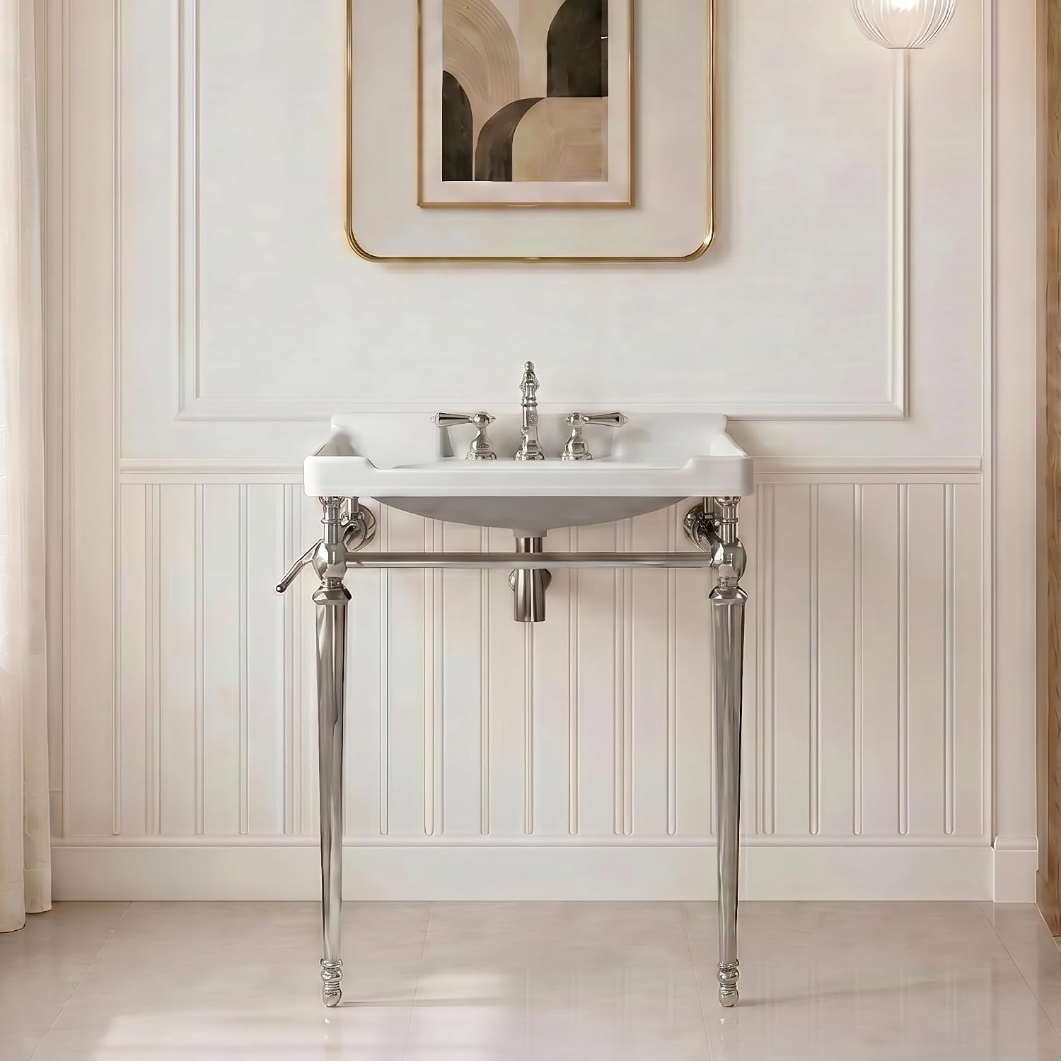 28 Inch Console Bathroom Vanity with Ceramic Sink, Open-Frame Stainless Steel Legs with Towel Bar, 3 Faucet Holes, Wall-Mounted Support, No Faucet (Silver Frame | White Sink)