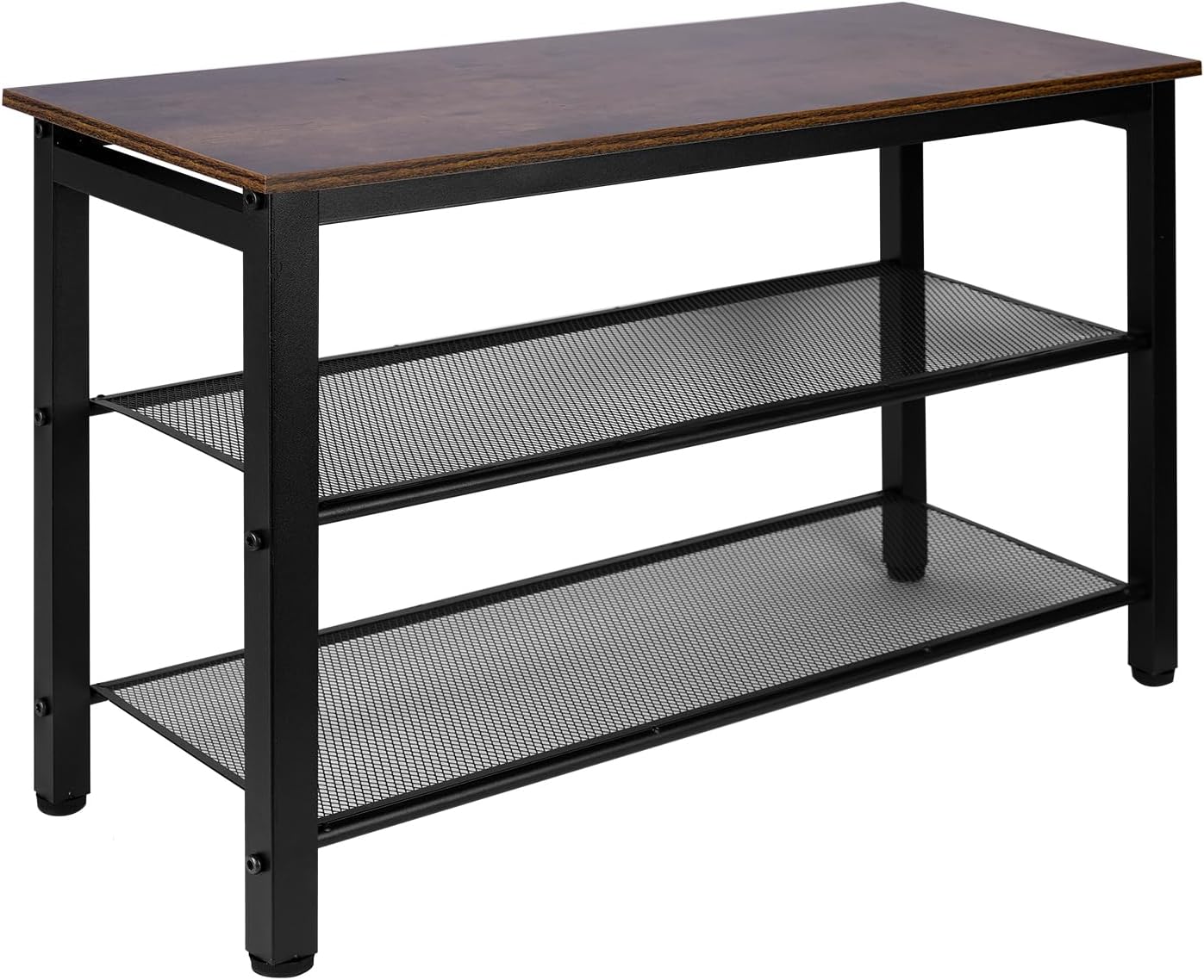 3-Tier Entryway Shoe Bench with Wood Seat, Industrial Metal Mesh Storage Rack for Hallway, Living Room, Rustic Brown, 29.5 Inch