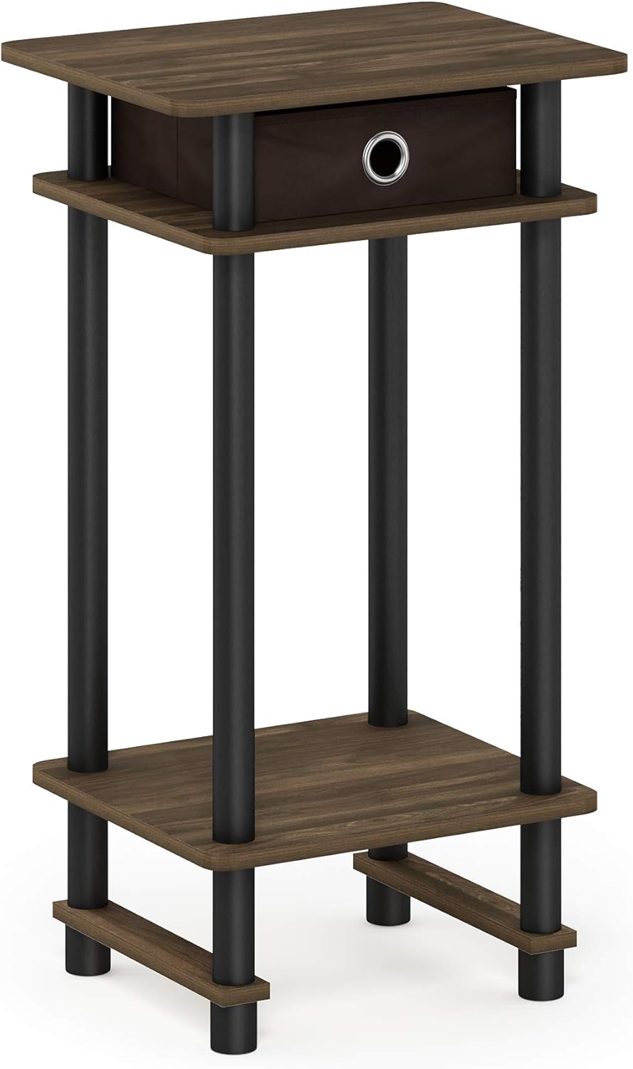 3-Tier Tall Narrow Modern End Table, Night Stand with Storage Bin, Open Shelf Bedside Table, Toolless Assembly Side Table, for Bedroom, Living Room, Columbia Walnut