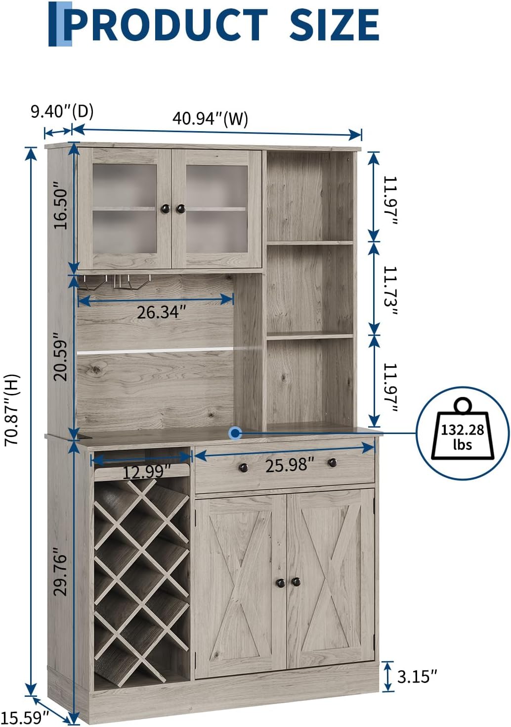 IDEALHOUSE 72 Inch Tall Kitchen Pantry Cabinet with Power Outlet - Wine Bottle Rack, Barn Doors, Ample Storage, Modern Sideboard Buffet for Dining Room, Kitchen, or Home Bar