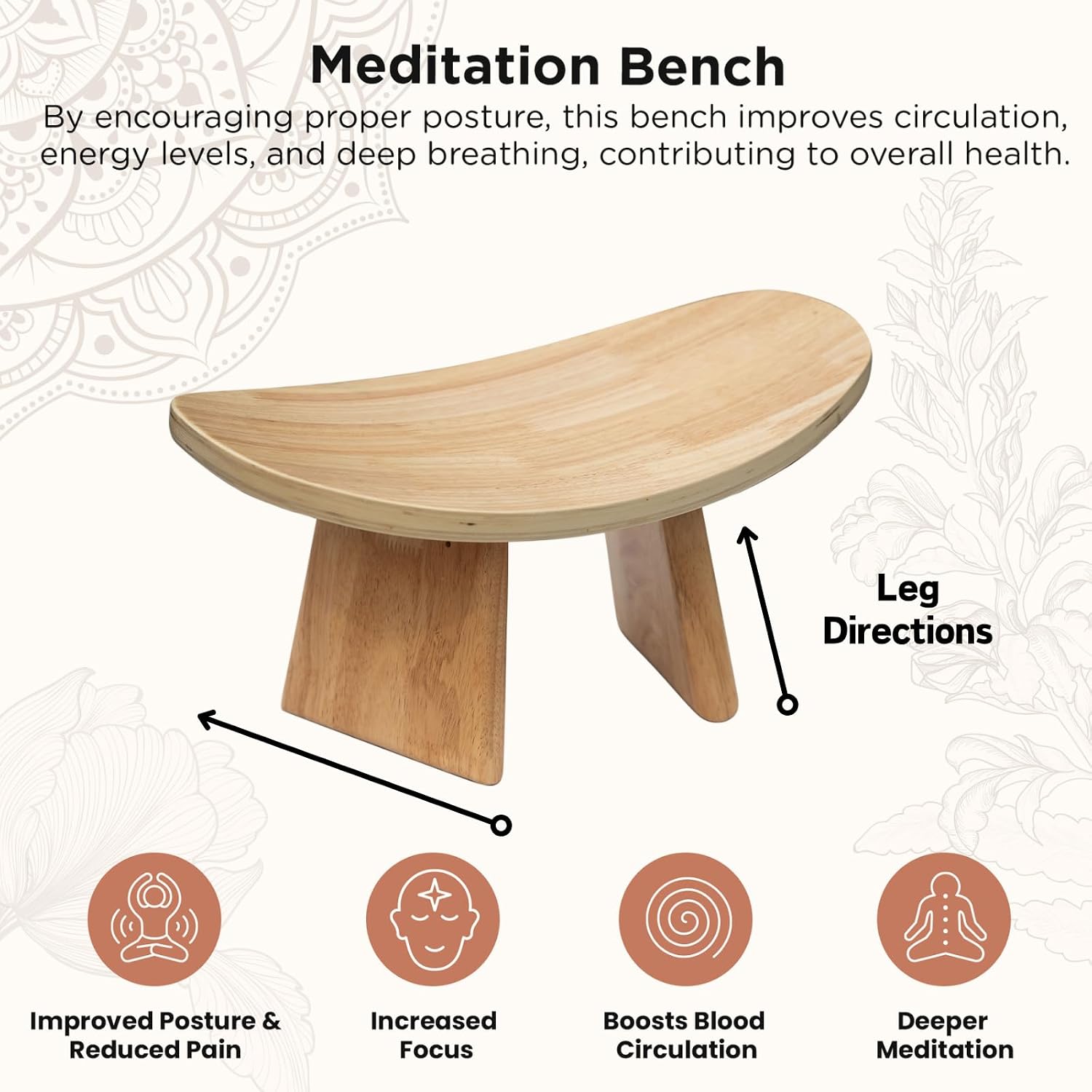 Wooden Meditation Bench for Seiza & Yoga Practice - Ergonomic Kneeling Prayer Stool with Curved Seat - Natural Floor Bench for Meditation, Mindfulness, Prayer & Yoga Sessions