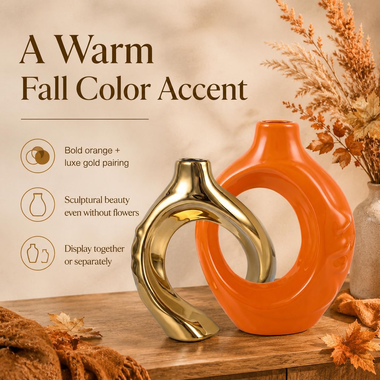 Orange Gold Ceramic Vase Set of 2 for Modern Home Decor,Round Boho Vase for Pampas Grass,Neutral Minimalist Statue for Dining Room Table Centerpiece Dining Room,Wedding Table Decoration