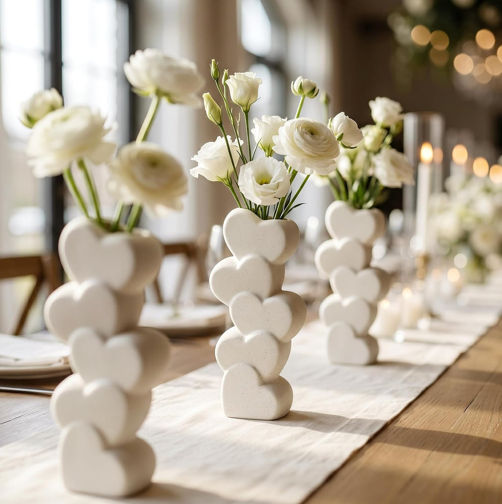 White Ceramic Flower Vases Table Decor Heart Shaped Vase Centerpiece | Nordic Heart Shaped Vases Minimalist Decorative Vase for Table Centerpiece Wedding Dining Living Room Office House Decoration