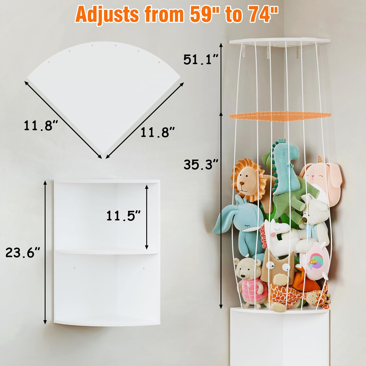 74.7" H Stuffed Animal Storage with 2-Tier Corner Bookshelf - Wall Mount Height Adjustable Plush Toy Organizer, Wooden Kids Bookshelf for Small Spaces Nursery Playroom Kids Room, White