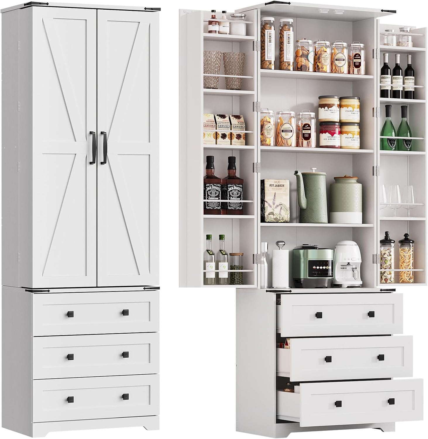 72'' Tall Kitchen Pantry Cabinet, Freestanding Tall Cupboard Storage Cabinet with 2 Barn Doors & 3 Drawers, Adjustable Shelves, Large Farmhouse Pantries for Living Room, Dining Room