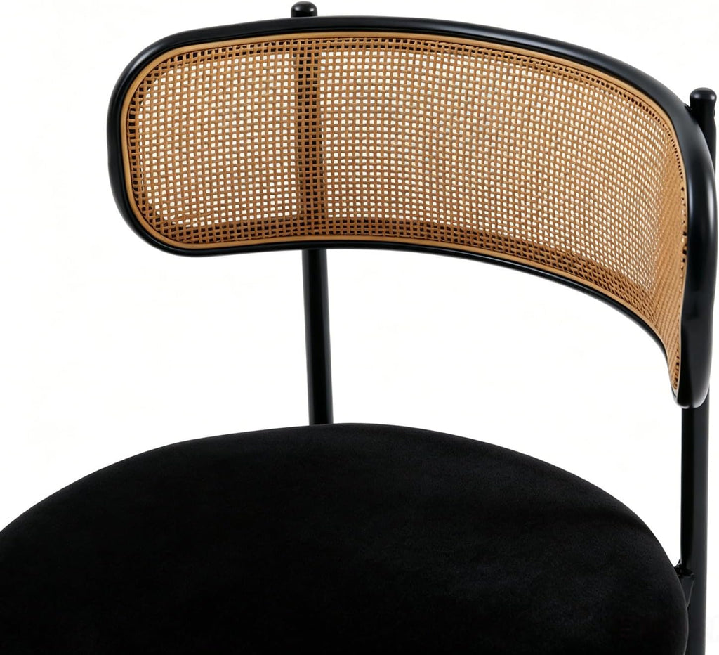 Rattan Dining Chairs Set of 2, Kitchen Chairs with Curved Cane Backrest &Metal Legs, Modern Dining Room Chair, Round Upholstered Sherpa Chair for Living Room, Black